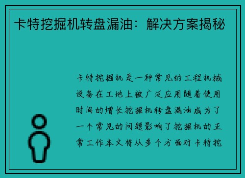 卡特挖掘机转盘漏油：解决方案揭秘